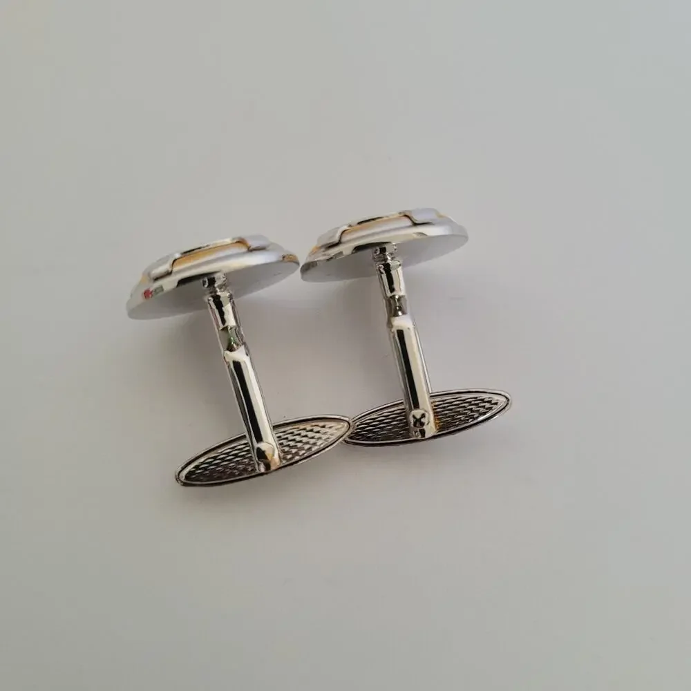 Dunhill Vintage Round Cufflinks Tie Clasp Clip Bar Set Silver Gold Two Tone Box